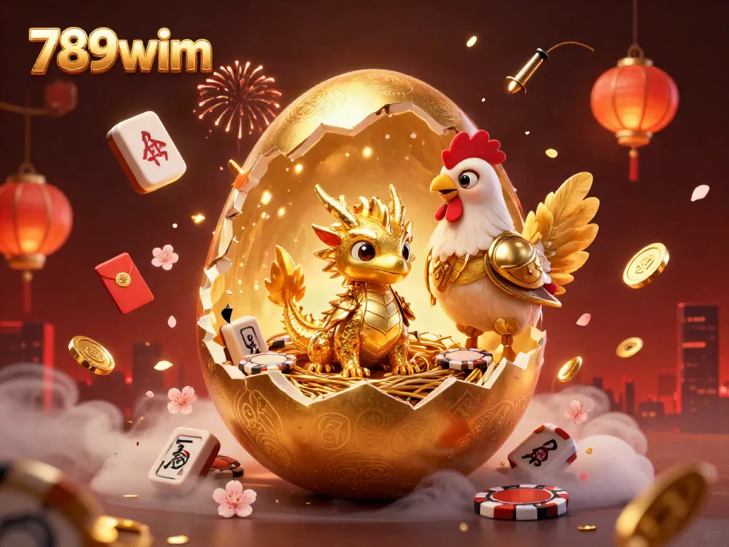 Join the excitement with 789wim as the golden dragon emerges amidst festive casino symbols, promising thrilling wins.