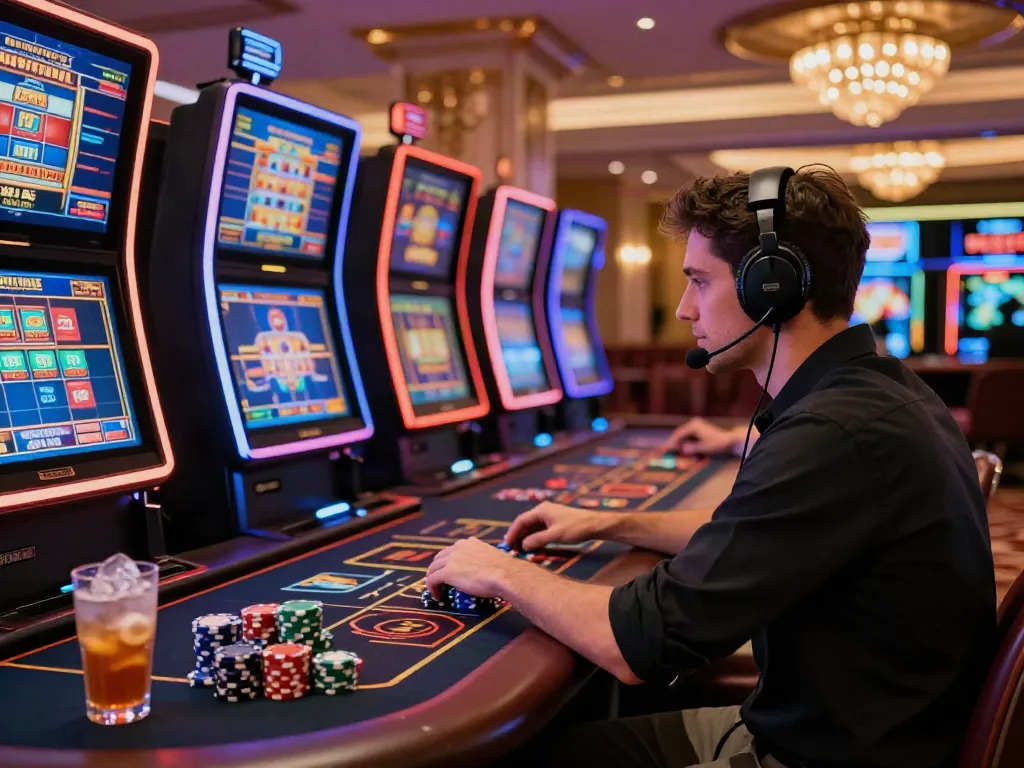 Exciting gaming environment showcasing vibrant casino action with a player focused on screens and colorful chips, emphasizing a80 gaming.
