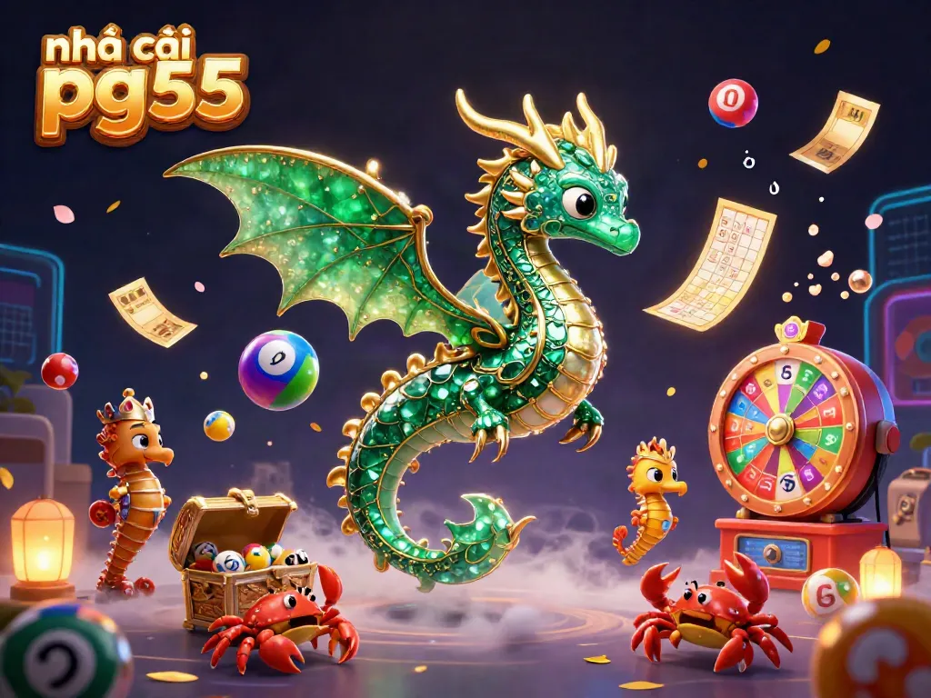 Engage with nhà cái pg55 in a vibrant 3D underwater casino world filled with lottery elements and treasures.