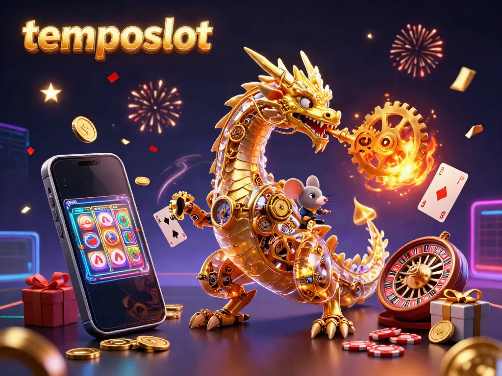 Experience thrilling gameplay with temposlot as the golden dragon breathes gears in this vibrant casino scene!
