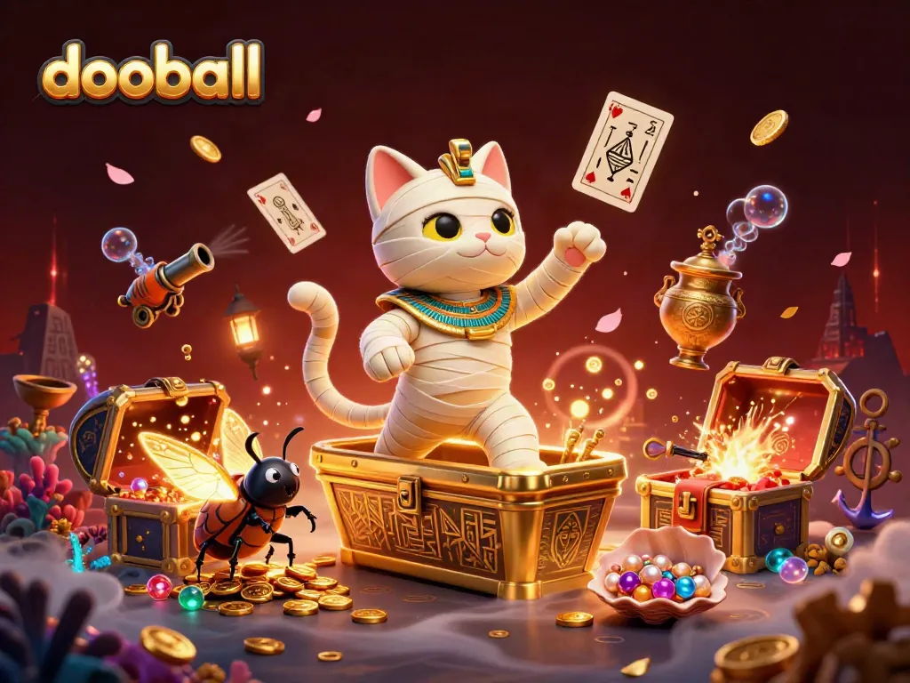 Experience thrilling dooball action with our vibrant illustration featuring cartoon mummy cat in a pyramid casino.