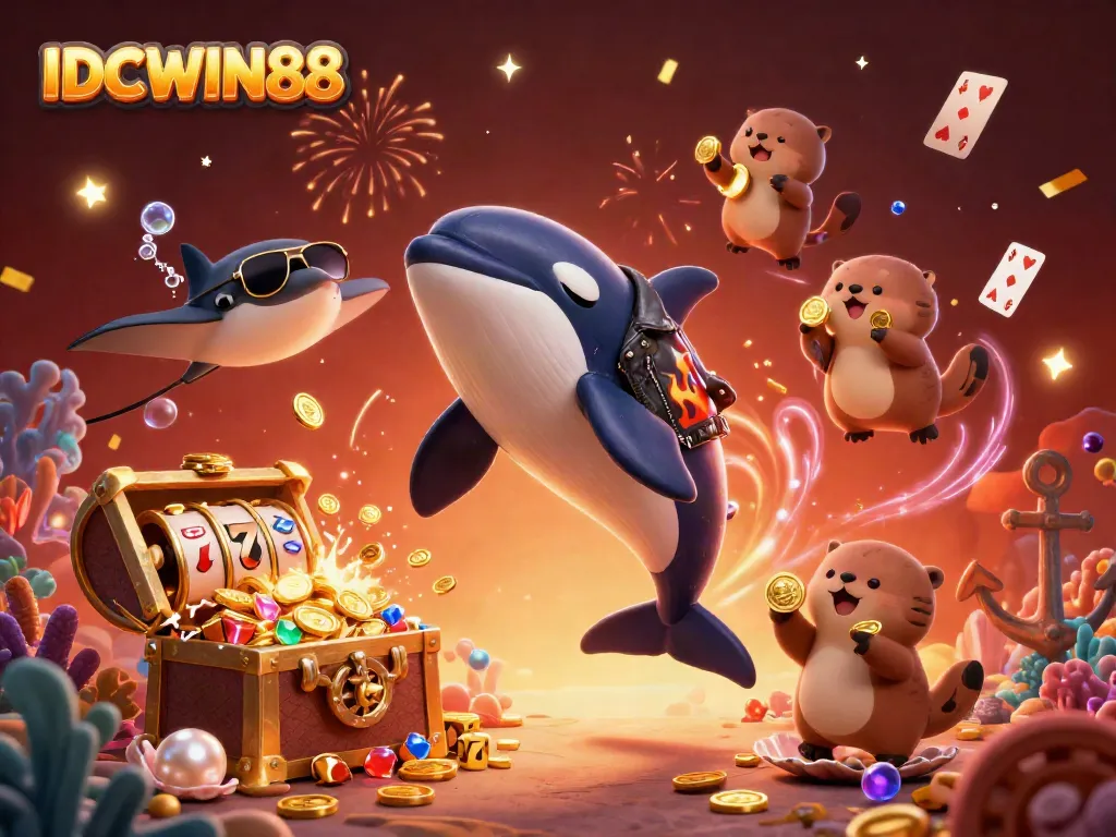 Experience thrilling gameplay at IDCWIN88 with joyous sea creatures celebrating a jackpot of golden coins.