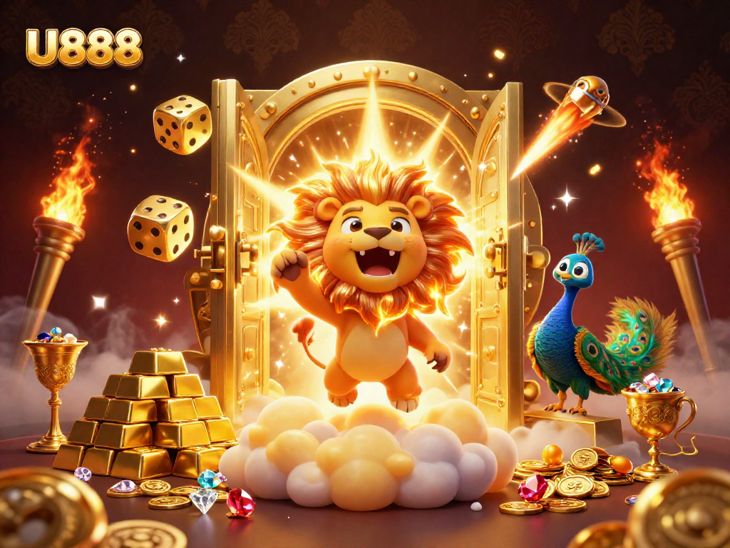 U888 players win big with roaring sun lion amidst golden treasures and dice in a vibrant casino