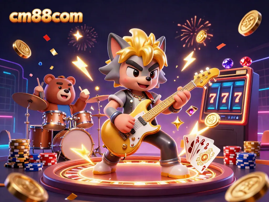 Experience the excitement of cm88com with a vibrant casino scene featuring a rock star wolf.
