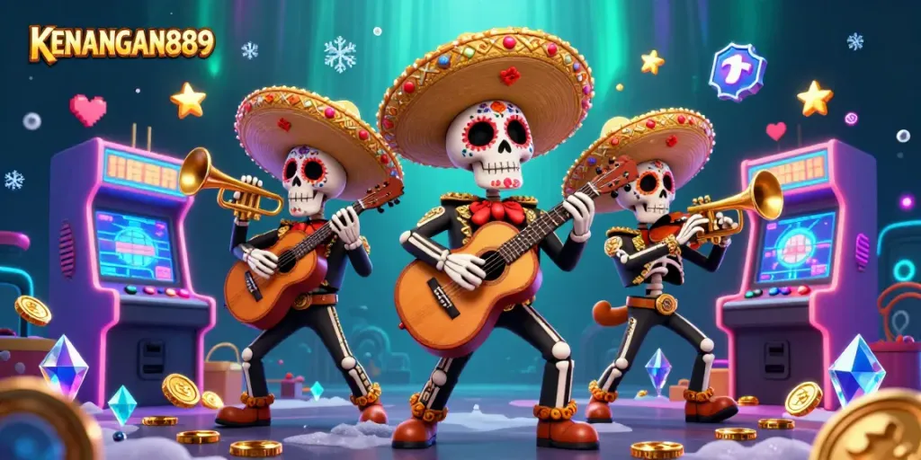 Engage with KENANGAN889 in a vibrant casino fantasy filled with mariachi characters and arcade elements.