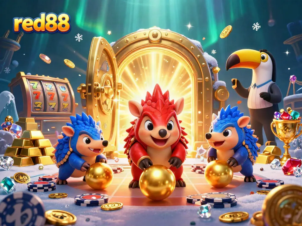 Experience epic gameplay with red88 in an exciting casino scene featuring rich treasures and animated pangolins!