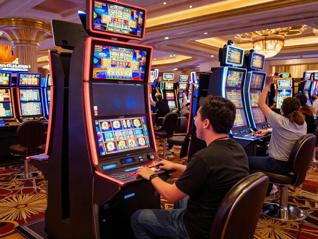Excited player engaging with a slot gacor machine in a vibrant casino atmosphere.