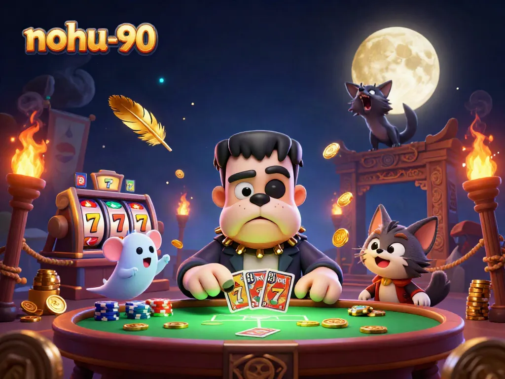 Experience thrilling gameplay at nohu-90 with a cartoon Frankenstein bulldog dealer in an animated casino.