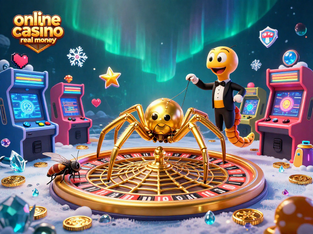 Engage with the vibrant world of online casino real money as a golden spider spins a roulette wheel web.