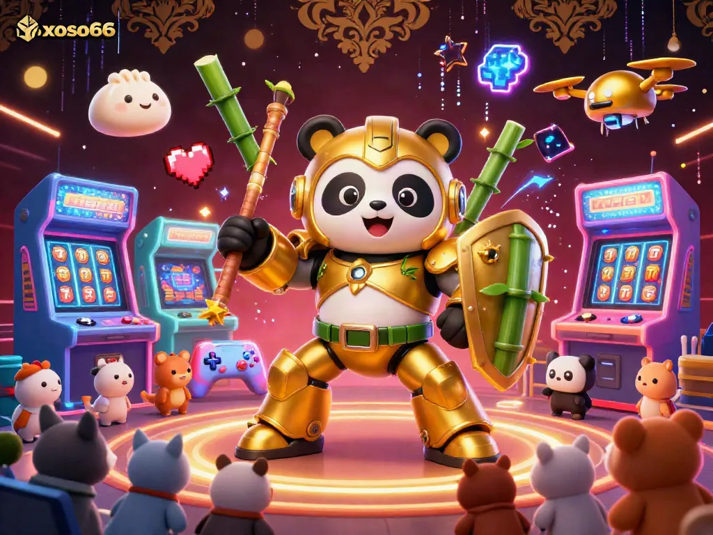 xoso66 showcases a vibrant gaming scene featuring a golden panda piloting a robot amidst flashing arcade machines.