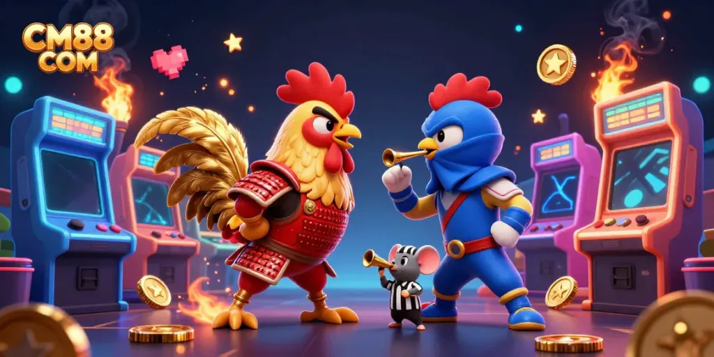 Engage in thrilling gameplay at CM88 COM with fighting roosters and arcade machines.