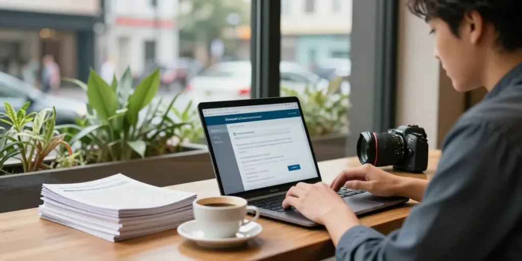 Applying for a personal loan through https://www.lajucredit.net/en/ in a cozy urban coffee shop.