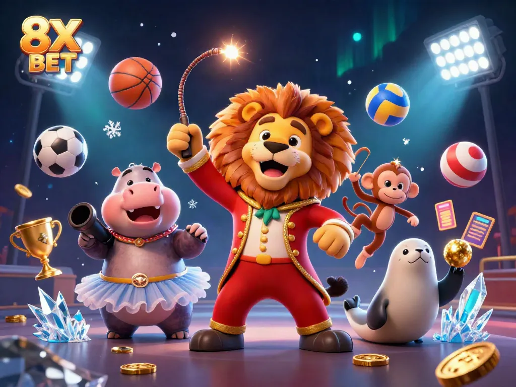 Experience the thrill of sports betting with vibrant characters celebrating 8X BET in a dynamic casino setting.