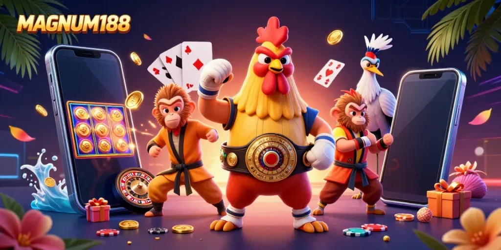 Engage in spinning reels and vibrant gameplay at MAGNUM188, featuring charismatic characters and dynamic slot visuals.