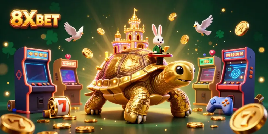 Play with 8X BET's vibrant golden tortoise casino illustration, showing a playful rabbit dealer amidst dynamic gaming elements.
