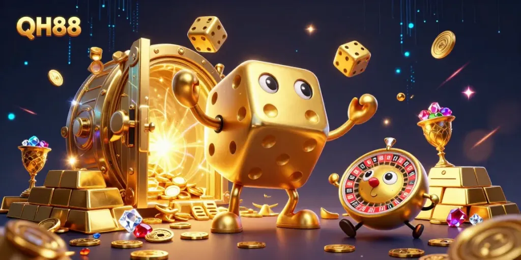 Engage with the QH88 casino world, showcasing golden dice and vibrant treasures.