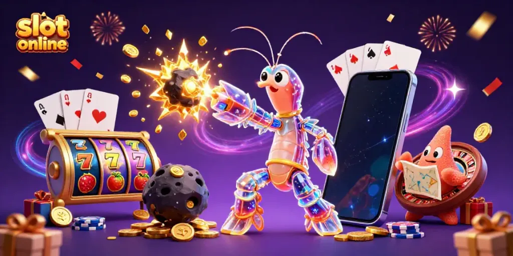 Memainkan slot online dengan karakter samurai udang galaksi dan peta bintang.