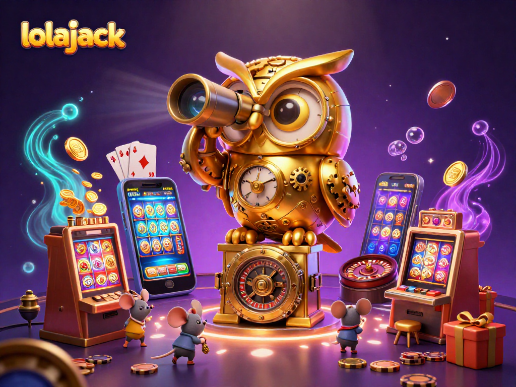 Experience thrilling gameplay with lolajack's vibrant casino scene featuring a golden owl and action-packed slot games.