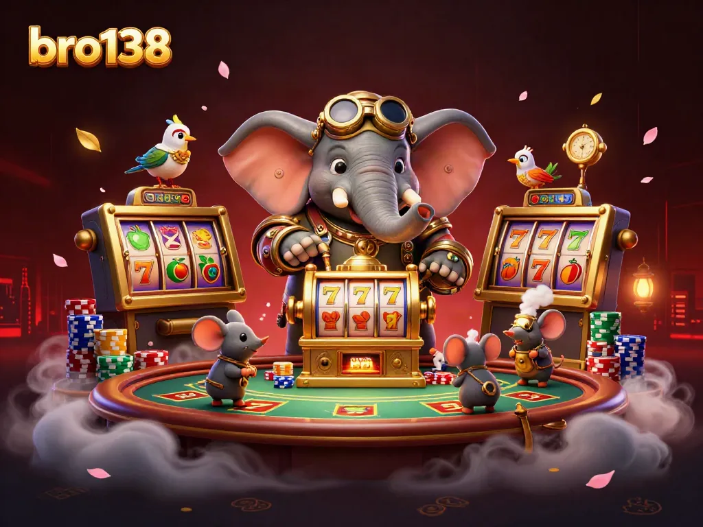 Experience gaming excitement with bro138 as an elephant engineer operates a golden slot machine amidst vibrant casino elements.