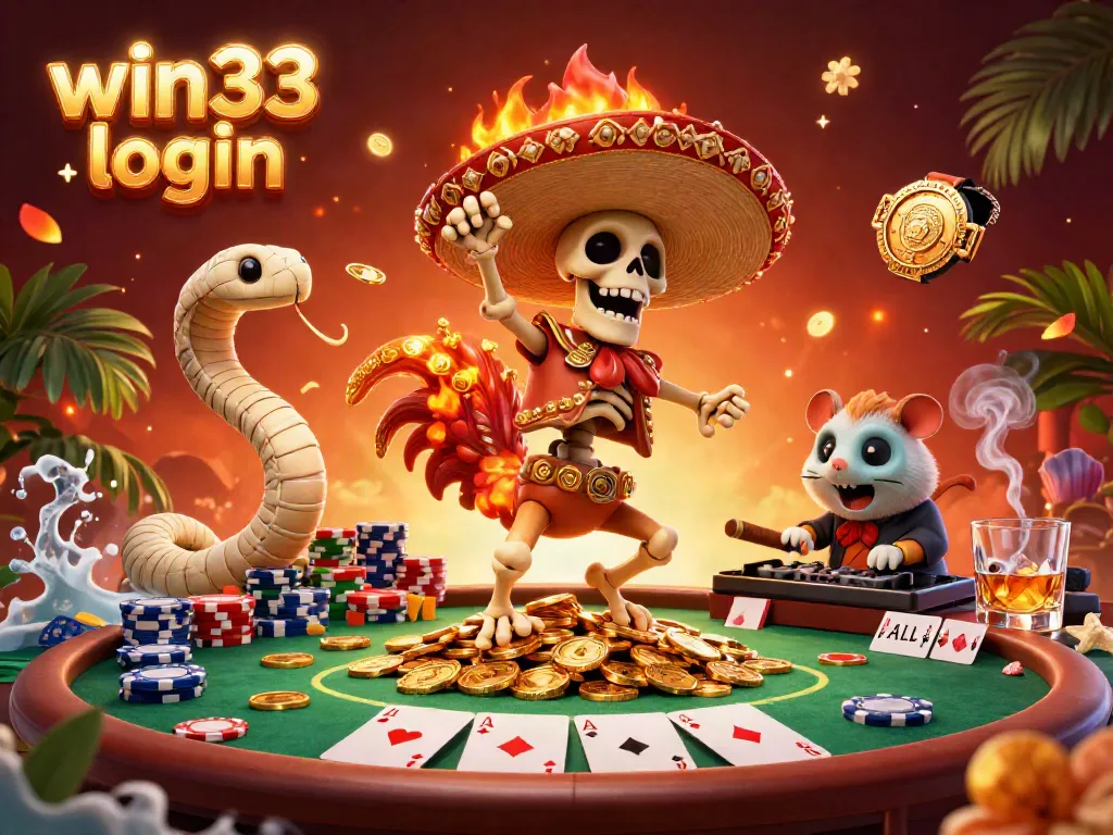 Win33 login illustrated with a dancing mariachi rooster, golden coins, and poker elements.