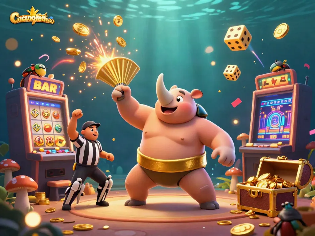 Engage with Cacuocthethao's vibrant casino scene showcasing a rhinoceros beetle champion amidst coins and slot machines.