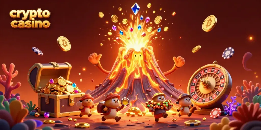 Experience the excitement of a crypto casino with a volcano erupting gold coins in this dazzling 3D scene.