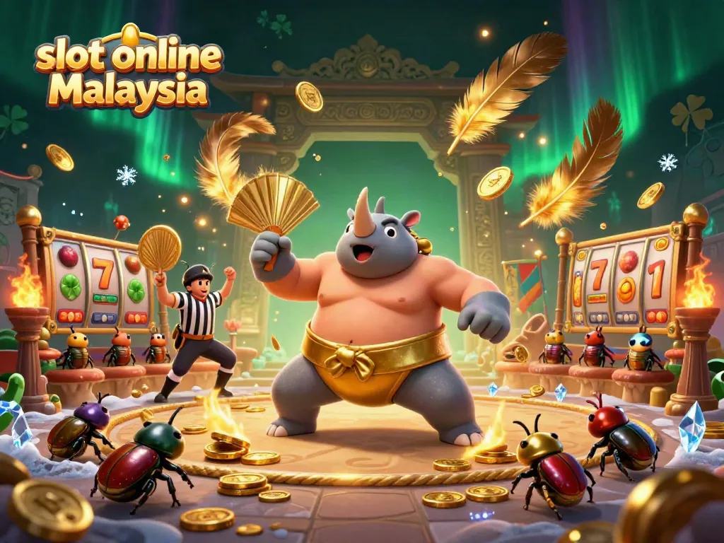Slot dalam talian Malaysia yang menampilkan kejuaraan serangga dengan wang syiling terbang dan simbol keberuntungan.