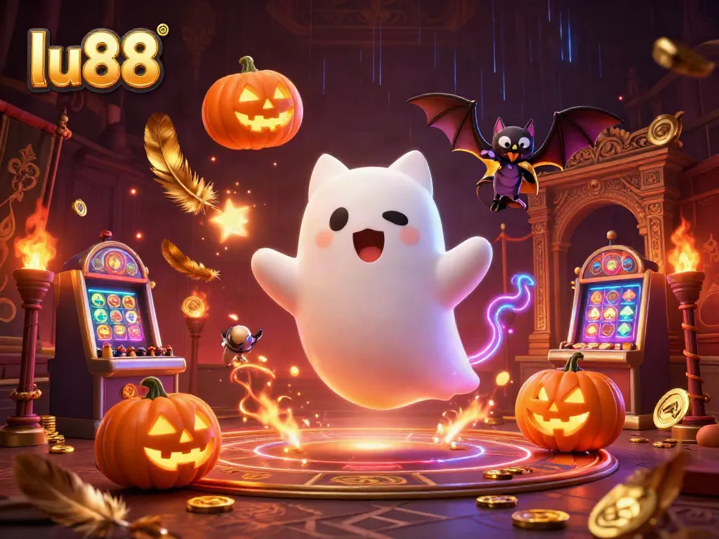 Engage with LU88's thrilling haunted casino adventure, featuring a friendly ghost cat and vampire bat.