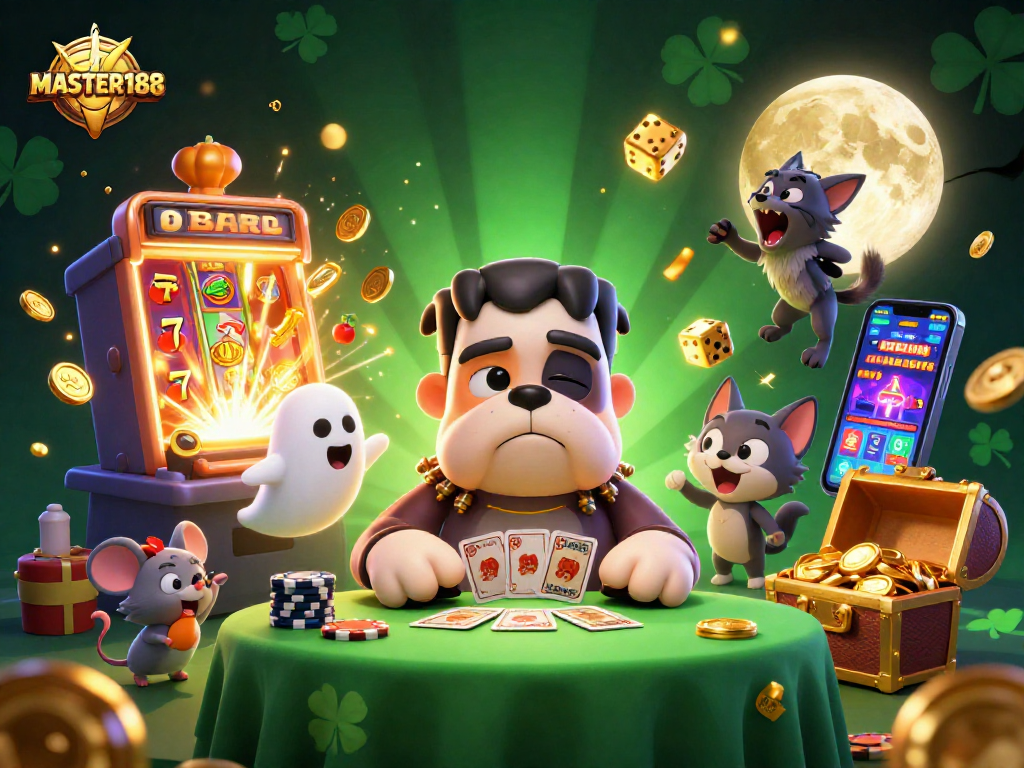 Watch the Frankenstein bulldog deal cards at the MASTER188 casino table surrounded by ghosts and jackpot symbols.