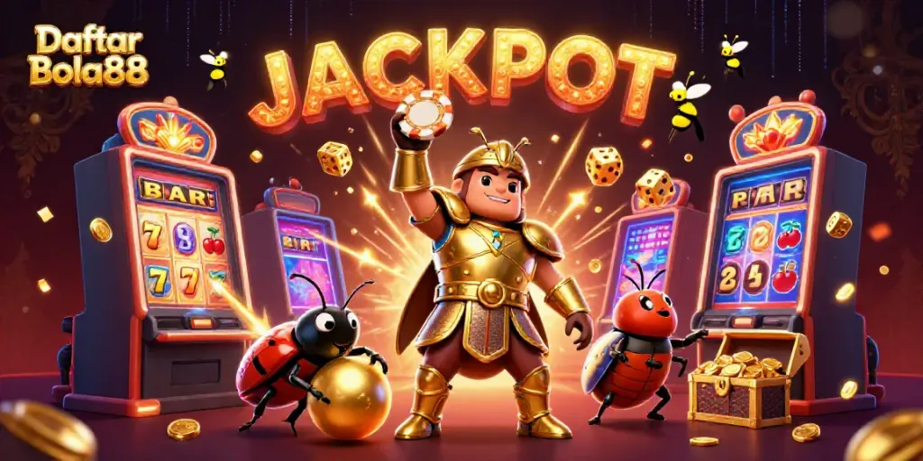 Engaging scene showcasing Daftar Bola88 with a beetle hero, exciting gaming elements, and a vibrant jackpot explosion.