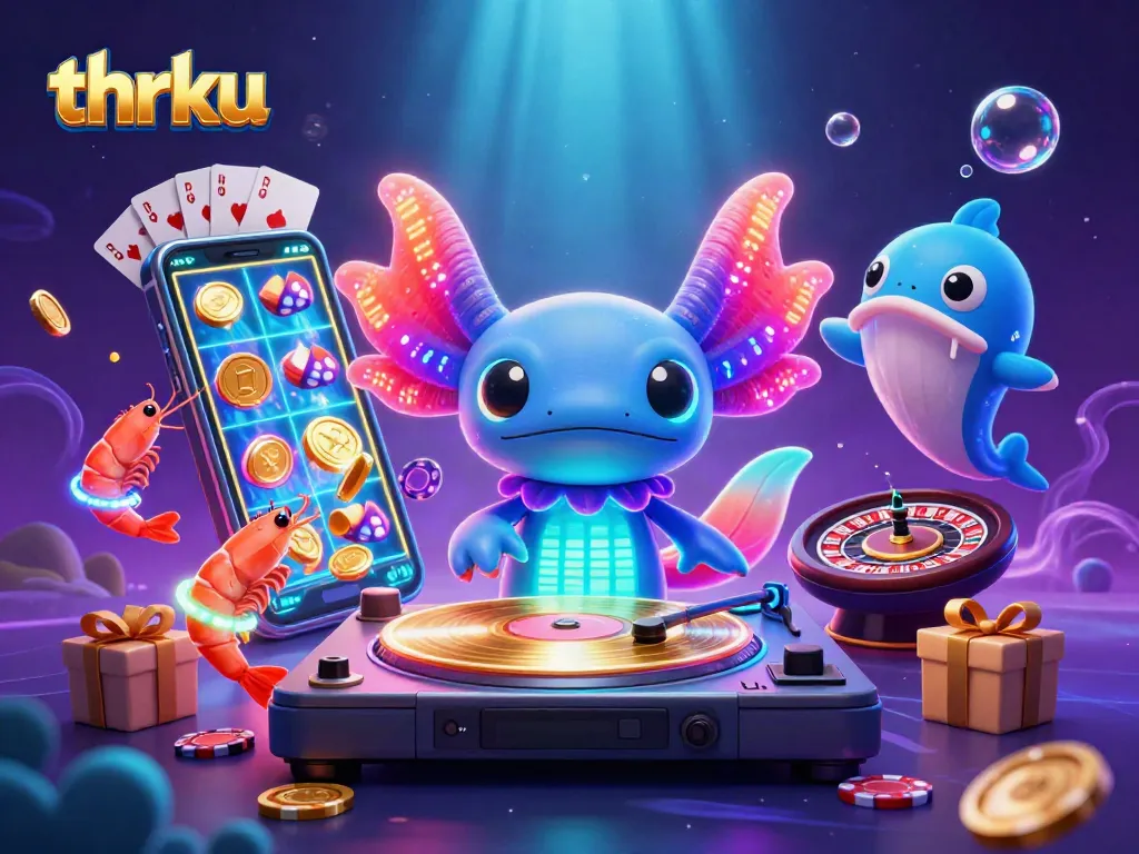 Thrku showcases an exciting underwater casino scene with a vibrant axolotl DJ, animated shrimp dancers, and gaming elements.