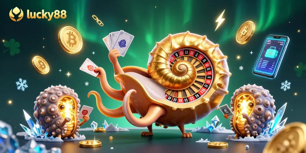 Engage with lucky88 by spinning a vibrant 3D nautilus roulette wheel surrounded by glowing crypto elements.