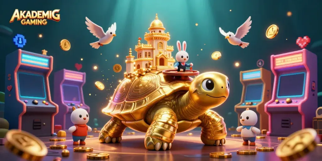 Engage with AKADEMIGAMING's vibrant casino world featuring a golden tortoise and rabbit dealer.