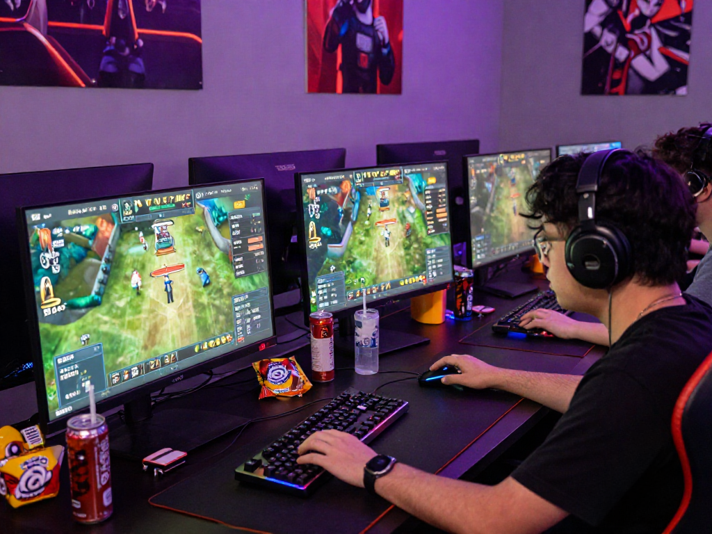 Engaging scene of a gamer in action focusing on harga toto betting live stats with multiple screens and dynamic lighting.