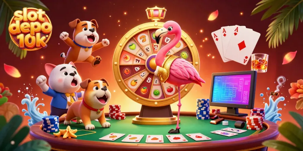 Spin and win with slot depo 10k in a lively casino scene featuring colorful characters.