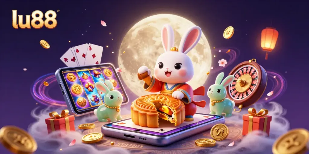 lu88 showcases an energetic 3D scene with a moon rabbit and casino elements like poker chips and slots.