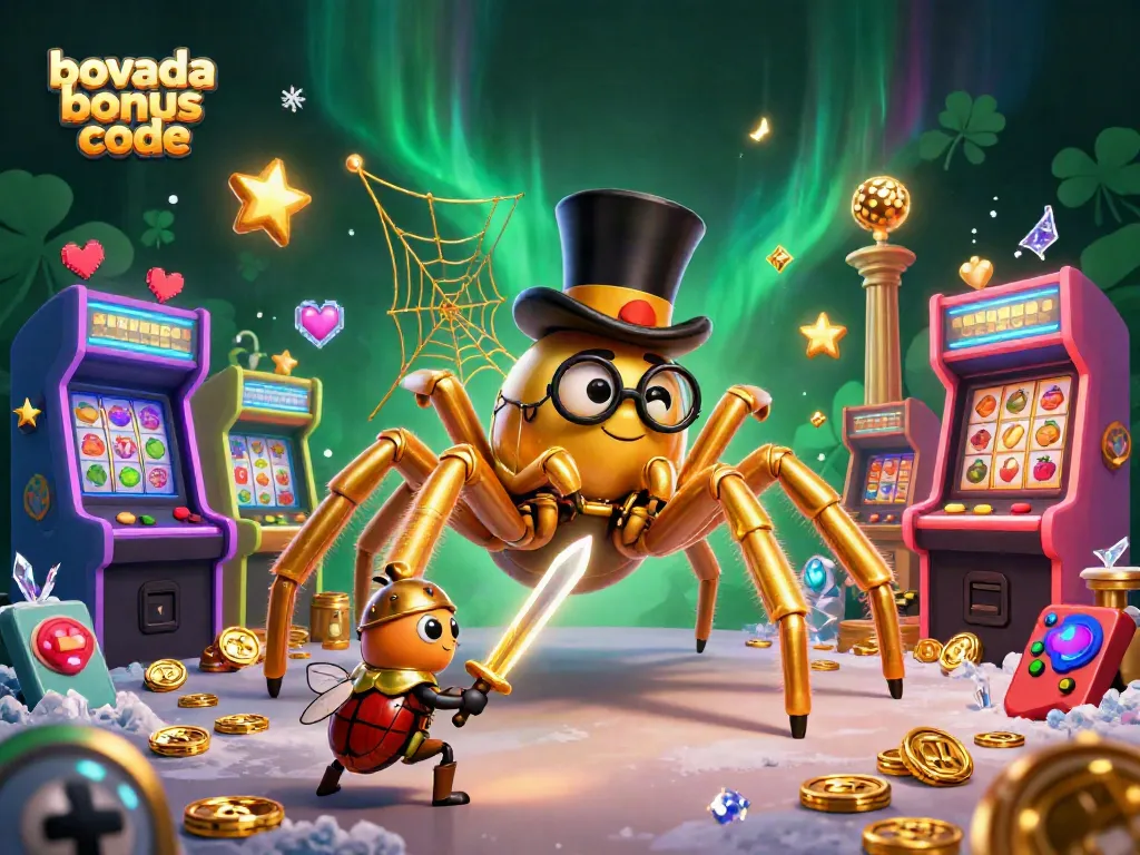 Experience the excitement of Bovada bonus code with a daring tarantula and beetle knight in a vibrant casino scene.