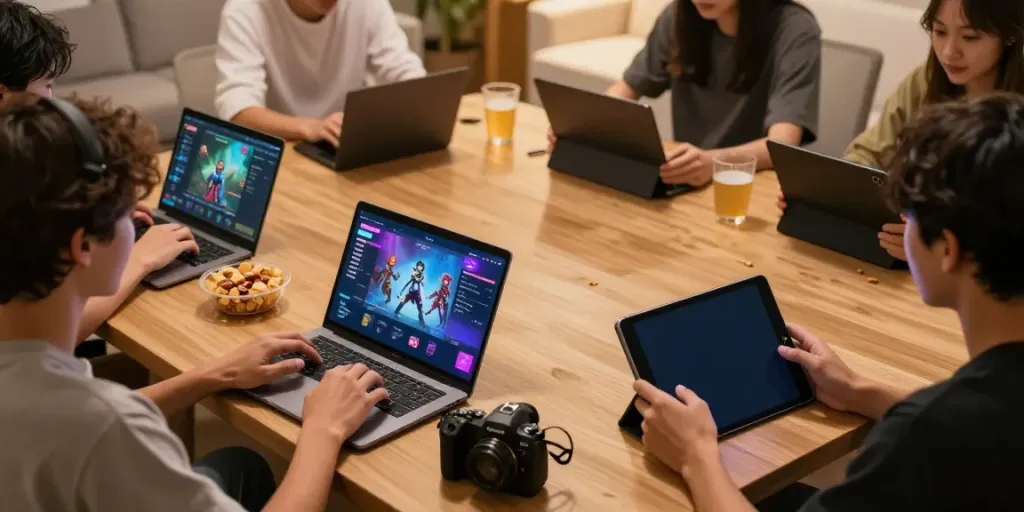 Friends enjoying gaming on temposlot platform in a lively living room.