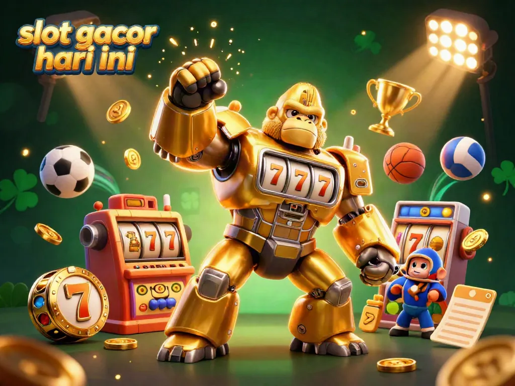 Experience the excitement of slot gacor hari ini with a vibrant 3D mech and gaming elements.