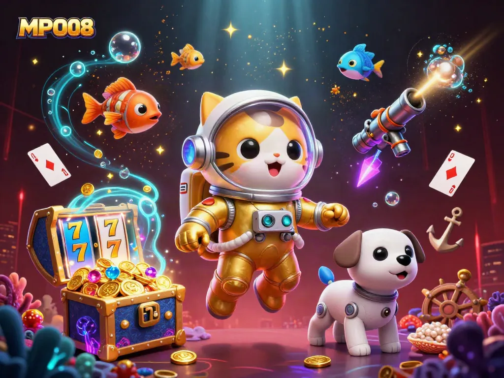 MPO08 illuminates vibrant slot gaming with a cartoon astronaut cat and robot dog in a captivating cosmic scene.