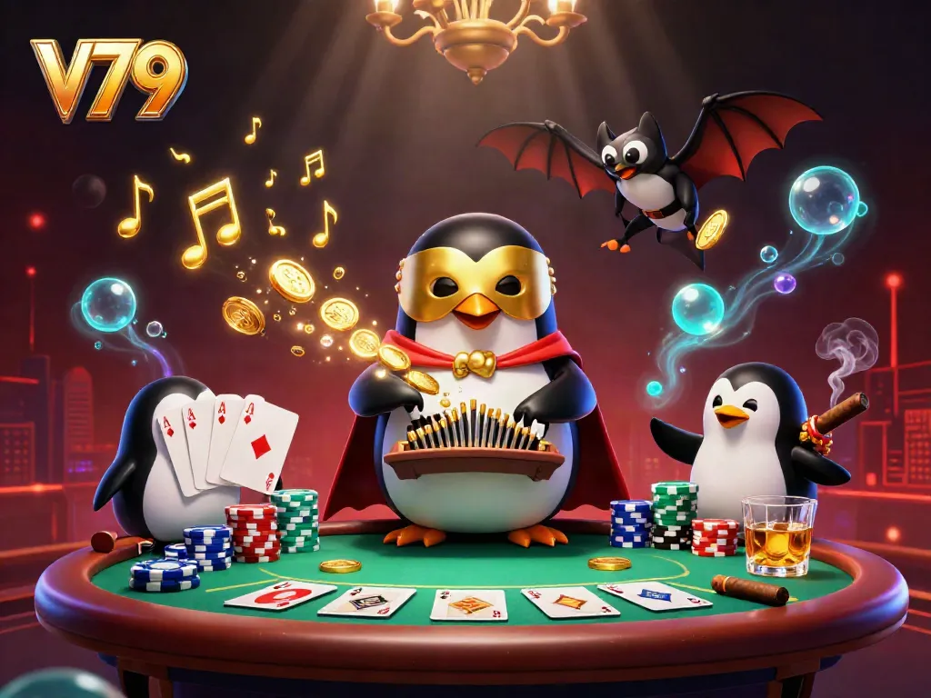 V79’s unique casino experience comes alive with a golden-eyed penguin playing an organ amidst shimmering coins and poker elements.