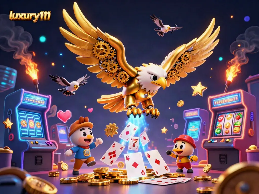 Experience luxury111 with a cybernetic golden eagle soaring through vibrant casino elements, showcasing an engaging gambling atmosphere.