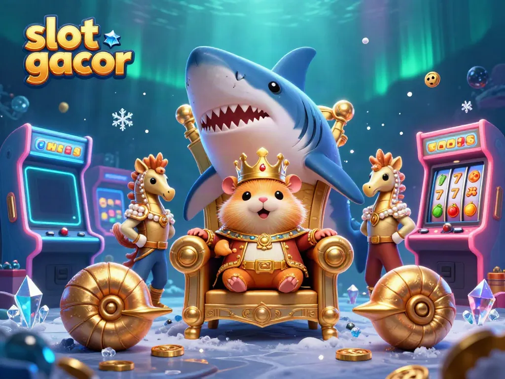 Slot gacor yang menarik dengan raja hamster emas di atas kursi gigi hiu megaldon.