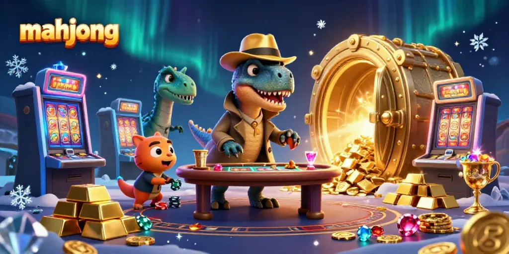 Permainan mahjong dengan dinosaur bermain di meja blackjack dan slot keberuntungan di latar belakang.