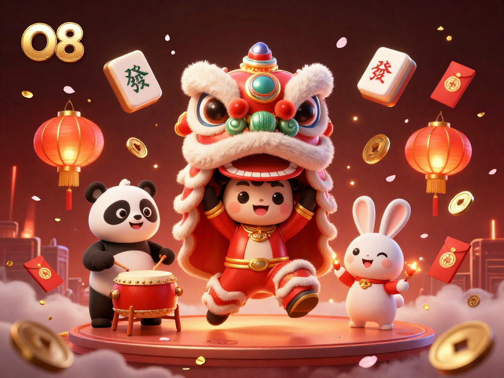 Immerse in O8's vibrant gaming experience with a lively lion dance and festive elements.