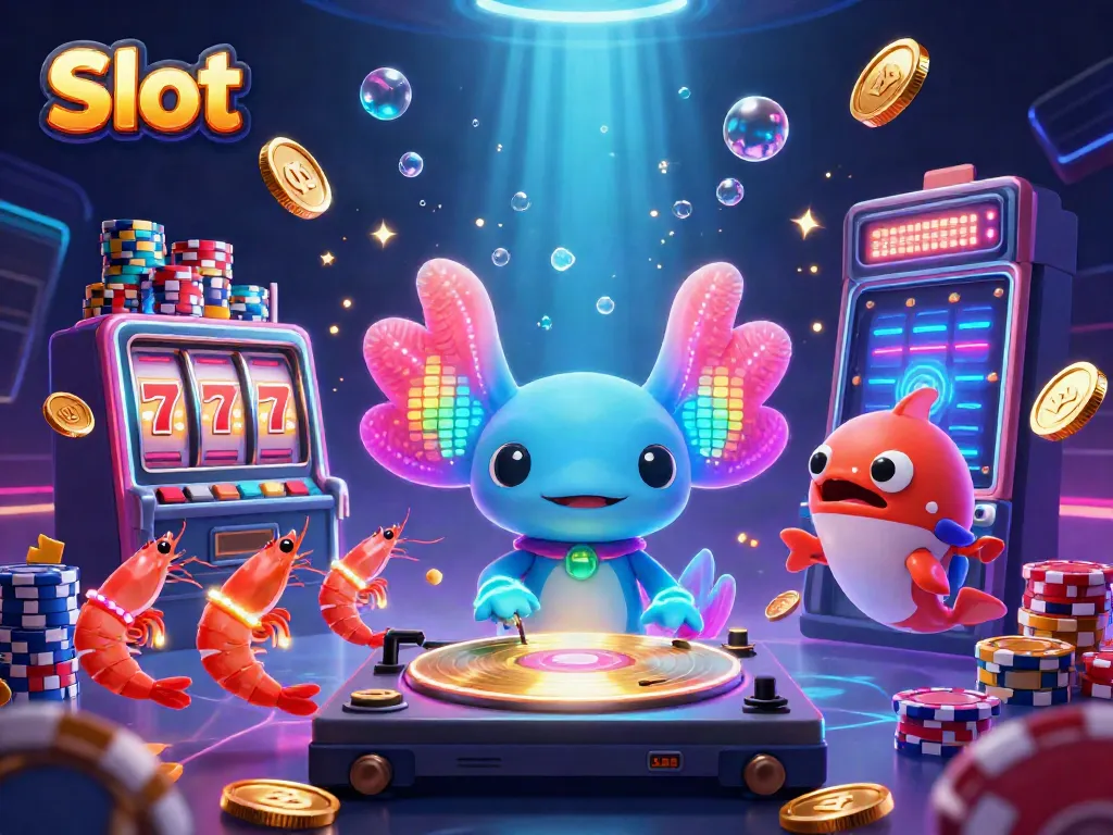 Slot illustration featuring a neon axolotl DJ with shrimp dancers and sparkling coins.