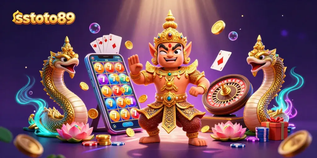 Visualisasi menarik sstoto89 dengan slot game berkilau dan karakter naga emas.