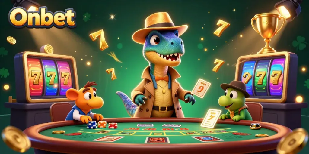 Onbet presents a thrilling scene of a velociraptor card counter at a blackjack table, surrounded by gambling excitement.