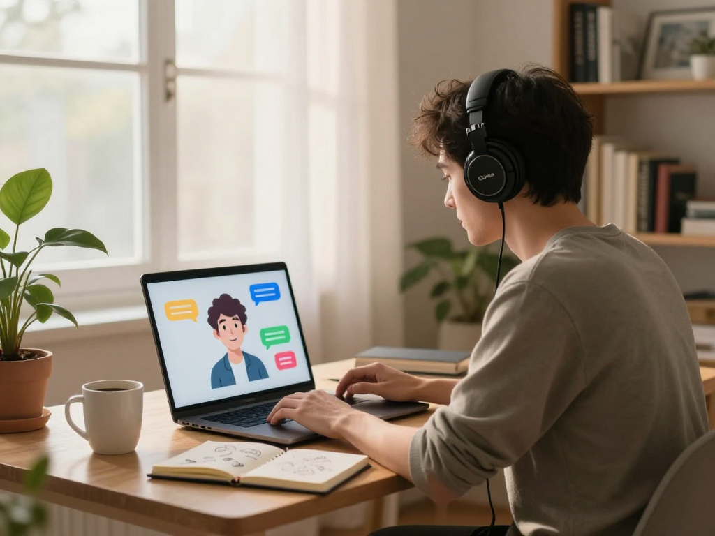 Engaging individual in cozy home office chatting with AI chat porn on laptop, vibrant atmosphere