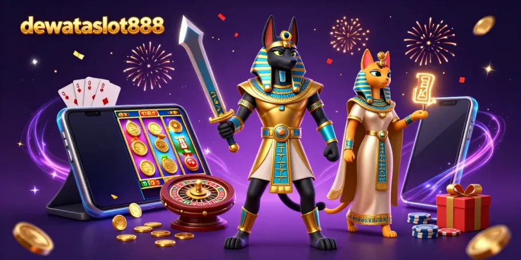 Menangkan pengalaman bermain kartu di dewataslot888 dengan ilustrasi 3D Anubis dan Bastet di dunia kasino.